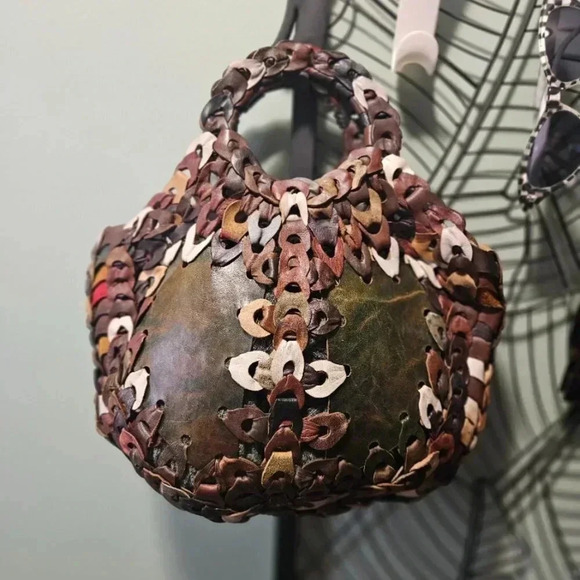 Vintage 70's | Slouchy Hippie Boho Leather Earthy Tones Chain Patchwork  Handbag - Picture 1 of 14